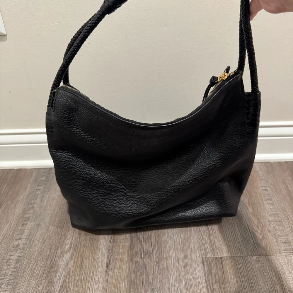 Tory Burch Taylor Logo Large Pebble Black Leather Hobo Shoulder Bag